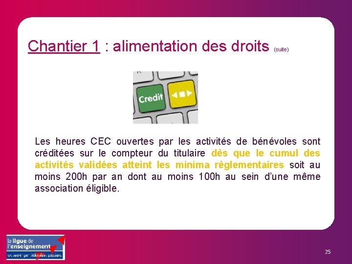 Chantier 1 : alimentation des droits (suite) Les heures CEC ouvertes par les activités