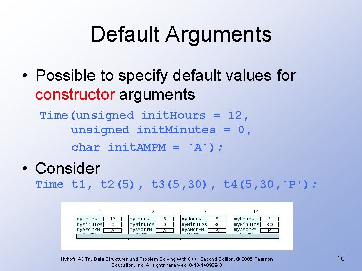 Default Arguments • Possible to specify default values for constructor arguments Time(unsigned init. Hours