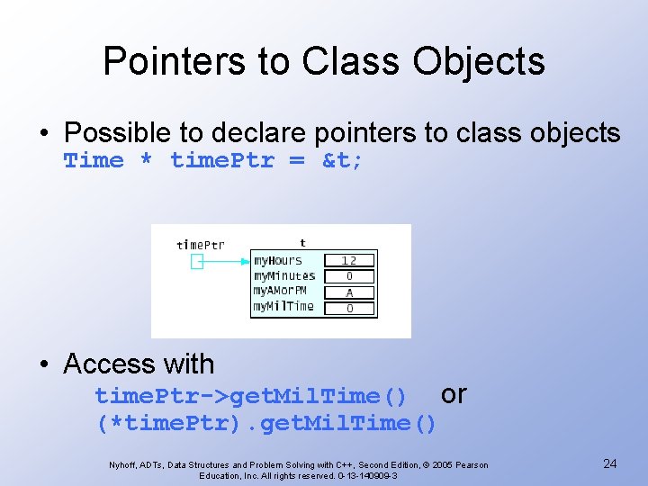Pointers to Class Objects • Possible to declare pointers to class objects Time *