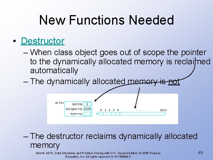 New Functions Needed • Destructor – When class object goes out of scope the