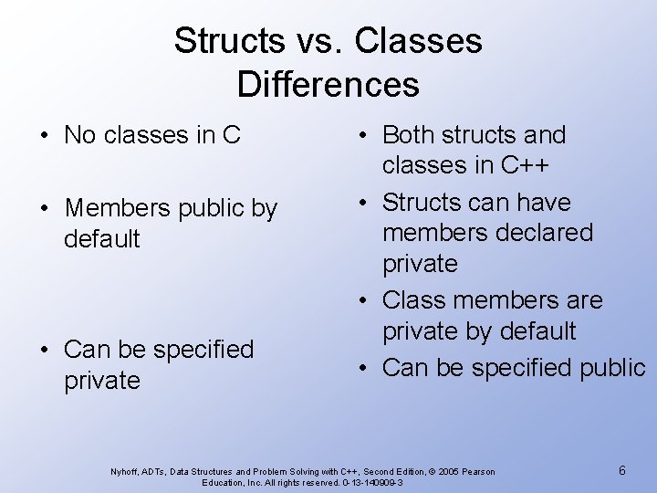 Structs vs. Classes Differences • No classes in C • Members public by default