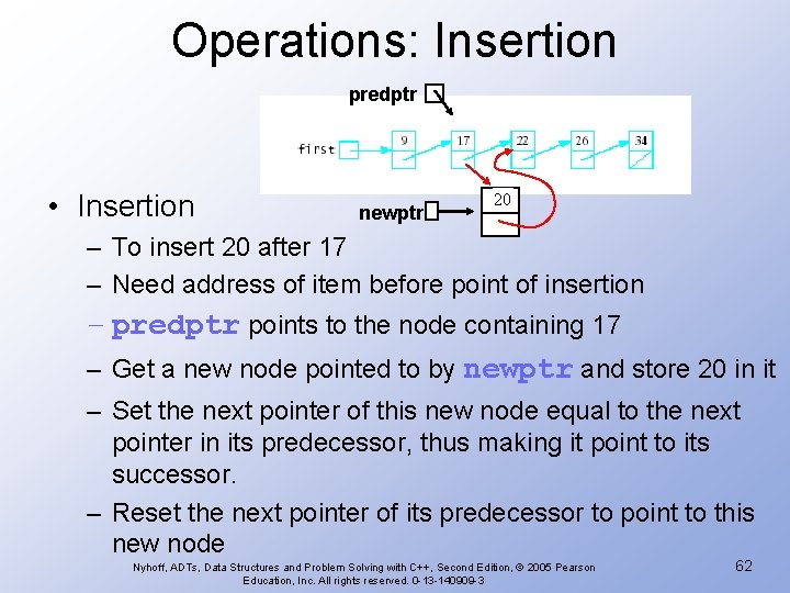 Operations: Insertion predptr • Insertion newptr 20 – To insert 20 after 17 –