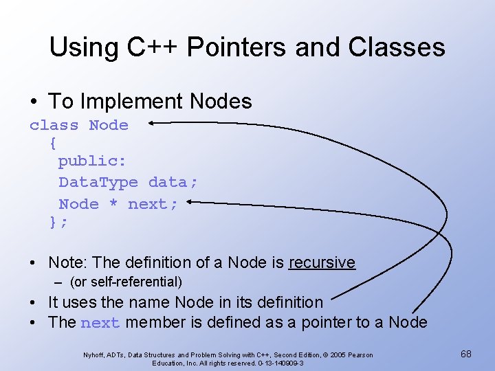 Using C++ Pointers and Classes • To Implement Nodes class Node { public: Data.