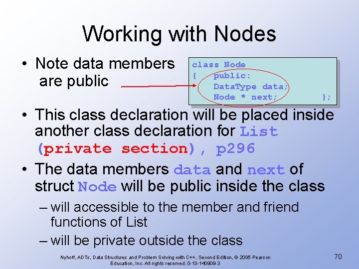 Working with Nodes • Note data members are public class Node { public: Data.