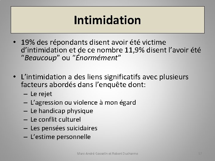 Intimidation • 19% des répondants disent avoir été victime d’intimidation et de ce nombre