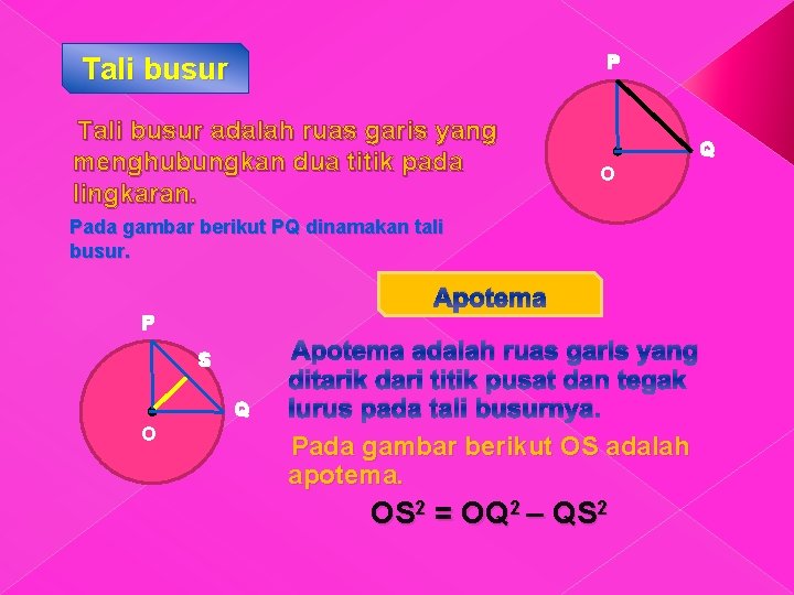 P Tali busur adalah ruas garis yang menghubungkan dua titik pada lingkaran. Q O