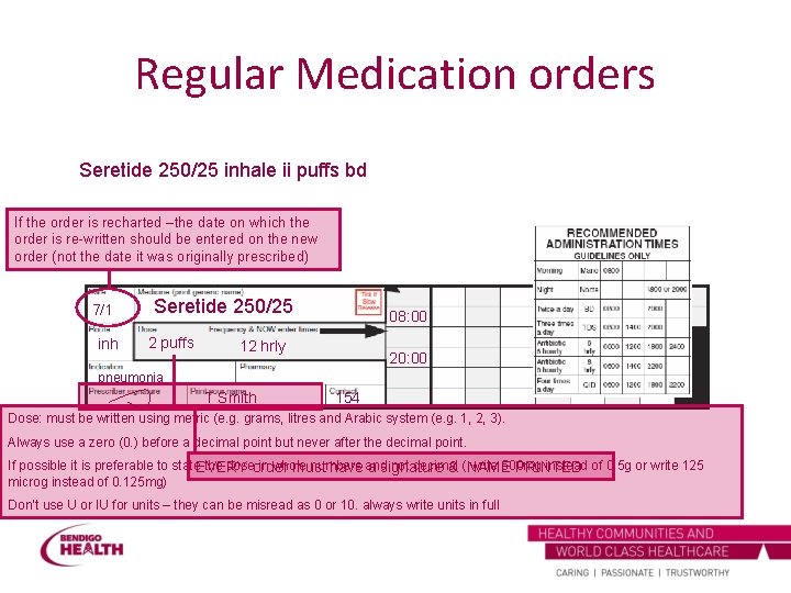 Regular Medication orders Seretide 250/25 inhale ii puffs bd If the order is recharted
