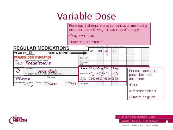 Variable Dose For drugs that require drug concentration monitoring document the following for each