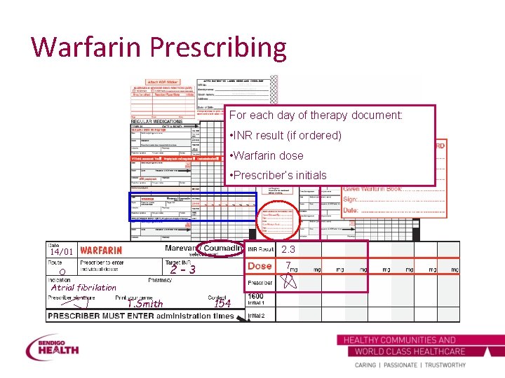 Warfarin Prescribing For each day of therapy document: • INR result (if ordered) •