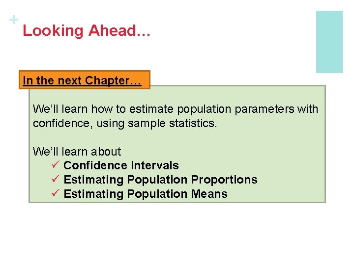 + Looking Ahead… In the next Chapter… We’ll learn how to estimate population parameters