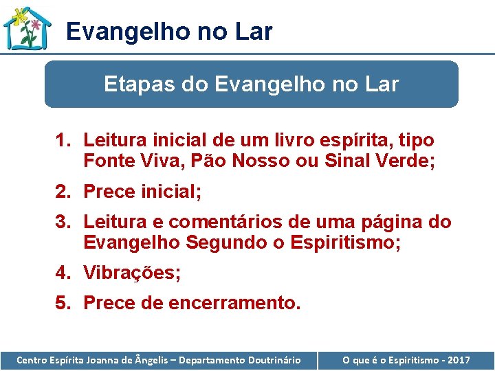 Evangelho no Lar Etapas do Evangelho no Lar 1. Leitura inicial de um livro
