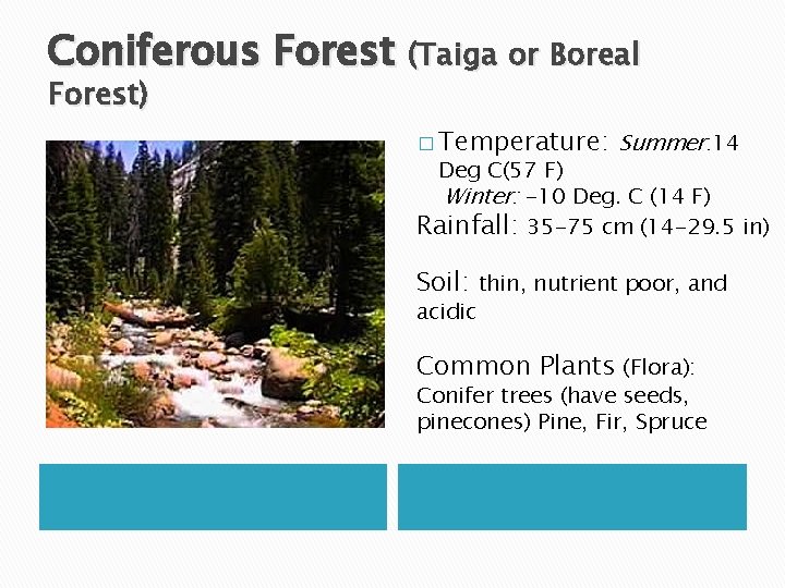 Coniferous Forest (Taiga or Boreal Forest) � Temperature: Summer: 14 Deg C(57 F) Winter: