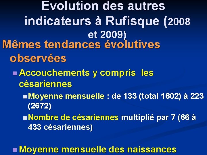 Evolution des autres indicateurs à Rufisque (2008 et 2009) Mêmes tendances évolutives observées n