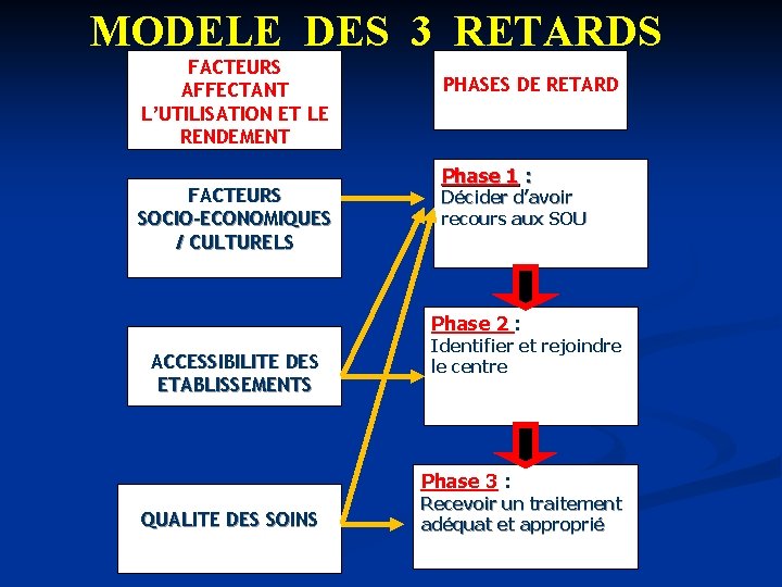 MODELE DES 3 RETARDS FACTEURS AFFECTANT L’UTILISATION ET LE RENDEMENT FACTEURS SOCIO-ECONOMIQUES / CULTURELS