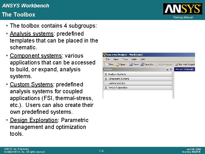 ANSYS Workbench The Toolbox Training Manual • The toolbox contains 4 subgroups: • Analysis