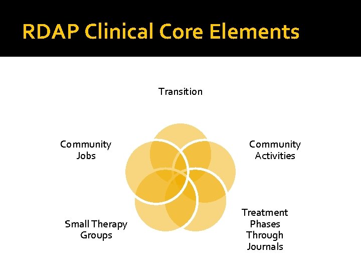 RDAP Clinical Core Elements Transition Community Jobs Small Therapy Groups Community Activities Treatment Phases
