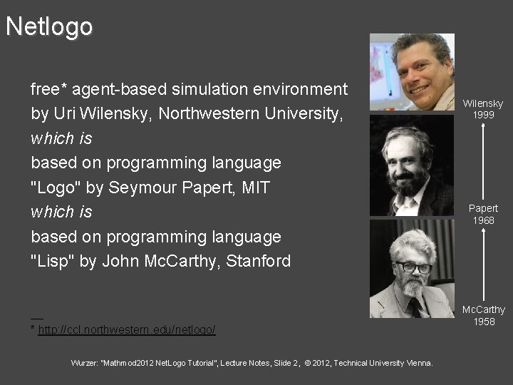 Netlogo free* agent-based simulation environment by Uri Wilensky, Northwestern University, which is based on