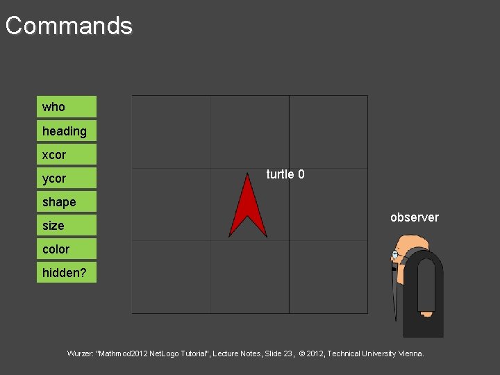 Commands who heading xcor turtle 0 ycor shape observer size color hidden? Wurzer: "Mathmod