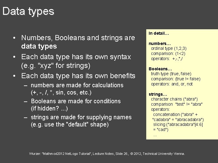 Data types • Numbers, Booleans and strings are data types • Each data type
