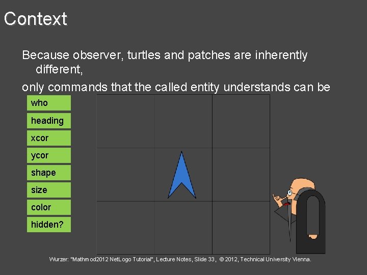 Context Because observer, turtles and patches are inherently different, only commands that the called