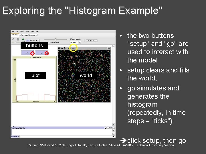 Exploring the "Histogram Example" buttons plot world • the two buttons "setup" and "go"