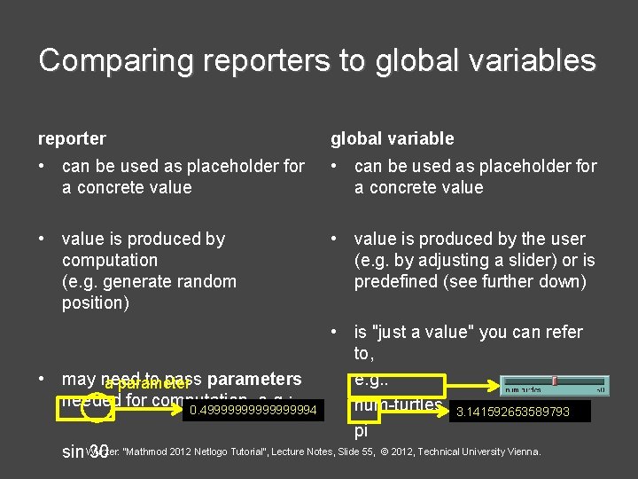Comparing reporters to global variables reporter global variable • can be used as placeholder