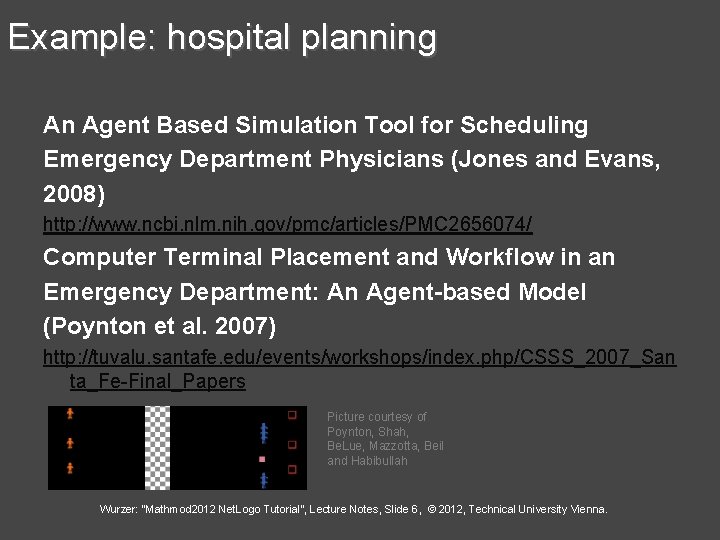 Example: hospital planning An Agent Based Simulation Tool for Scheduling Emergency Department Physicians (Jones
