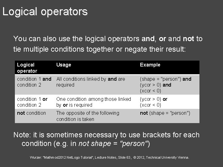 Logical operators You can also use the logical operators and, or and not to