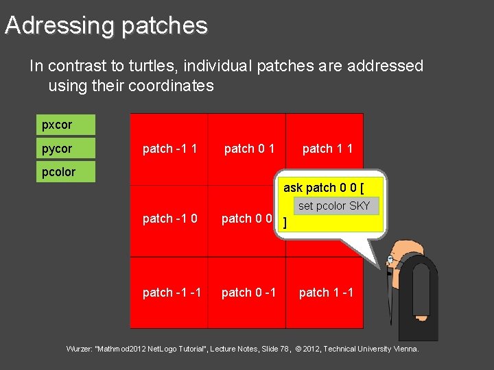 Adressing patches In contrast to turtles, individual patches are addressed using their coordinates pxcor