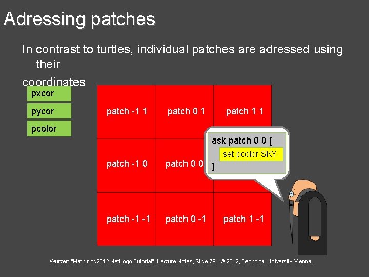 Adressing patches In contrast to turtles, individual patches are adressed using their coordinates pxcor