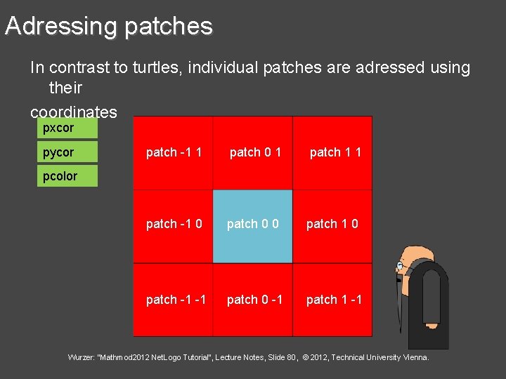 Adressing patches In contrast to turtles, individual patches are adressed using their coordinates pxcor