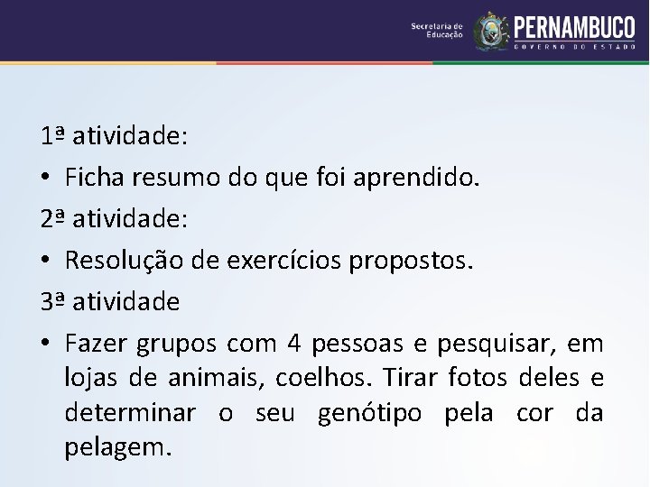 1ª atividade: • Ficha resumo do que foi aprendido. 2ª atividade: • Resolução de