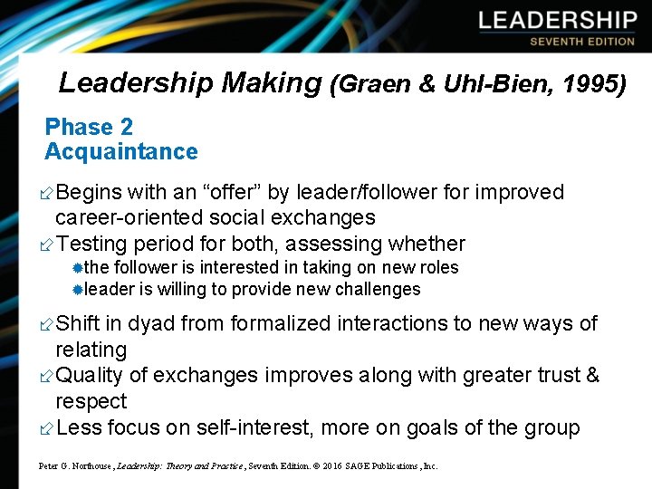 Leadership Making (Graen & Uhl-Bien, 1995) Phase 2 Acquaintance ÷Begins with an “offer” by