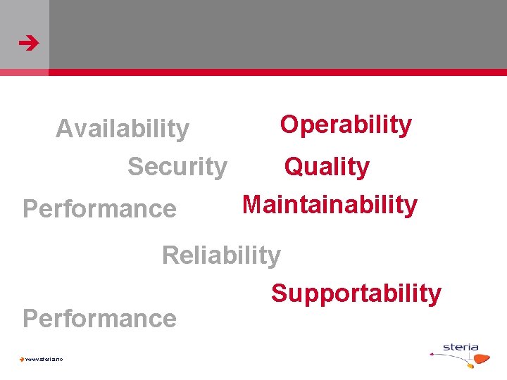  Availability Security Performance Operability Quality Maintainability Reliability Supportability Performance www. steria. no 