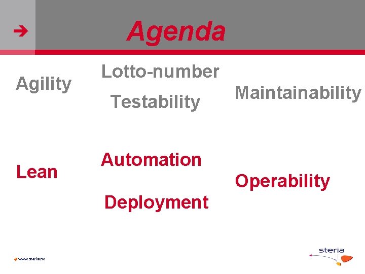  Agility Lean Agenda Lotto-number Testability Automation Operability Deployment www. steria. no Maintainability 