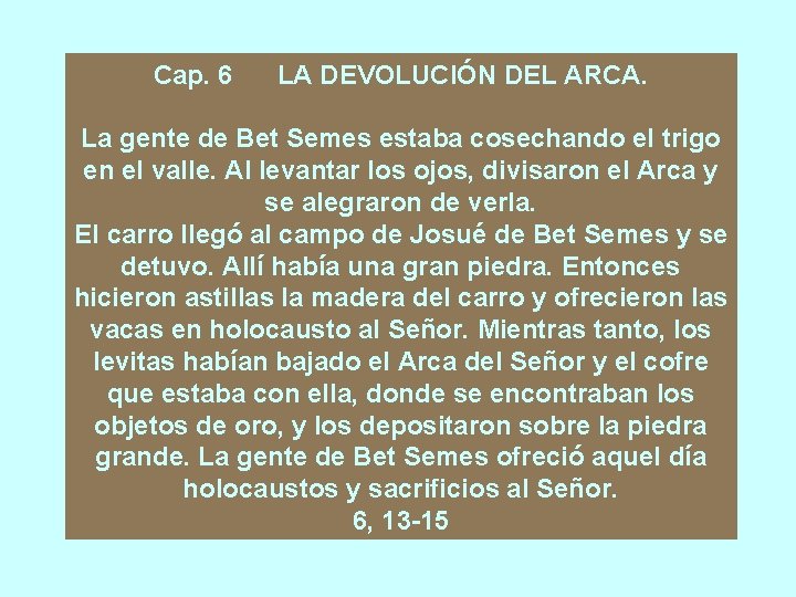 Cap. 6 LA DEVOLUCIÓN DEL ARCA. La gente de Bet Semes estaba cosechando el