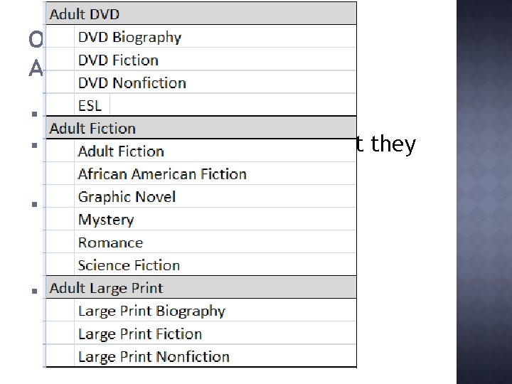 ORGANIZING COLLECTION AND STATISTICAL CODES § § § Think broad and go specific. Talk