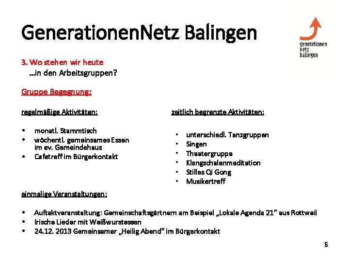 Generationen. Netz Balingen 3. Wo stehen wir heute …in den Arbeitsgruppen? Gruppe Begegnung: regelmäßige