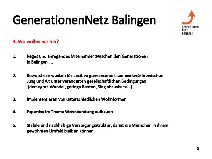 Generationen. Netz Balingen 4. Wo wollen wir hin? 1. Reges und anregendes Miteinander zwischen