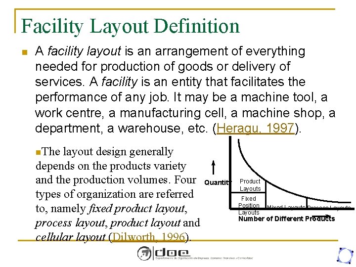 Facility Layout Definition n A facility layout is an arrangement of everything needed for