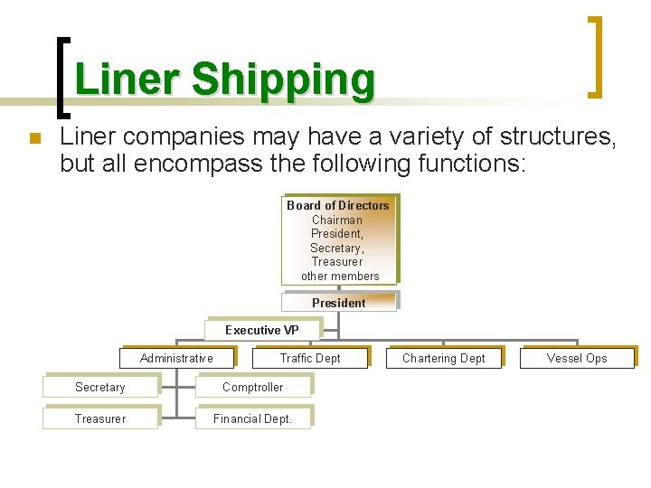 Liner Shipping n Liner companies may have a variety of structures, but all encompass