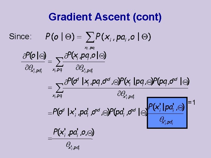 Gradient Ascent (cont) Since: ¶P(xi , pai , o | ) ¶P(o | )