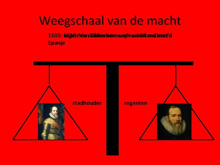 Weegschaal van de macht 1609: regenten 1619: Vansluiten Oldenbarnevelt een wapenstilstand wordt onthoofd met