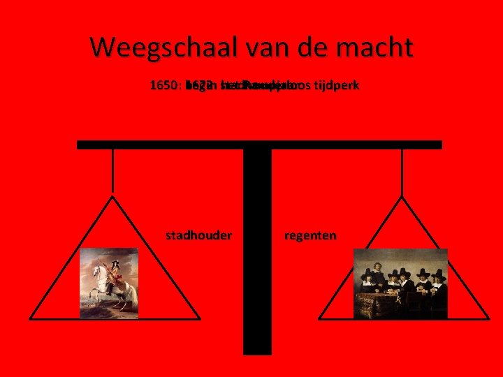 Weegschaal van de macht 1650: begin 1672: stadhouderloos het Rampjaar tijdperk stadhouder regenten 