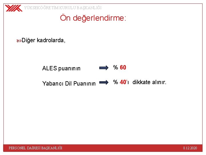 YÜKSEKÖĞRETİM KURULU BAŞKANLIĞI Ön değerlendirme: Diğer kadrolarda, ALES puanının % 60 Yabancı Dil Puanının