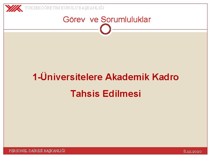 YÜKSEKÖĞRETİM KURULU BAŞKANLIĞI Görev ve Sorumluluklar 1 -Üniversitelere Akademik Kadro Tahsis Edilmesi PERSONEL DAİRESİ