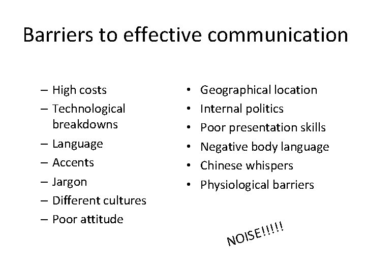 Barriers to effective communication – High costs – Technological breakdowns – Language – Accents