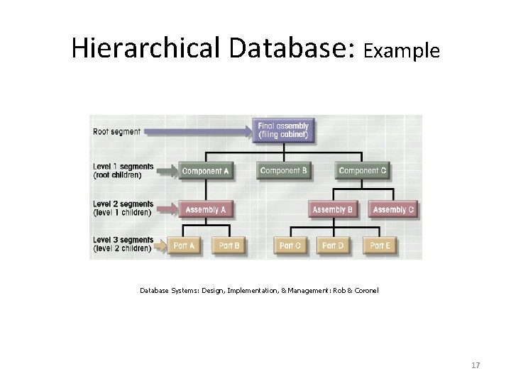 Hierarchical Database: Example Database Systems: Design, Implementation, & Management: Rob & Coronel 17 Hierarchical Database: Example Database Systems: Design, Implementation, & Management: Rob & Coronel 17