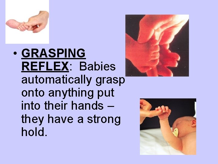  • GRASPING REFLEX: Babies automatically grasp onto anything put into their hands –