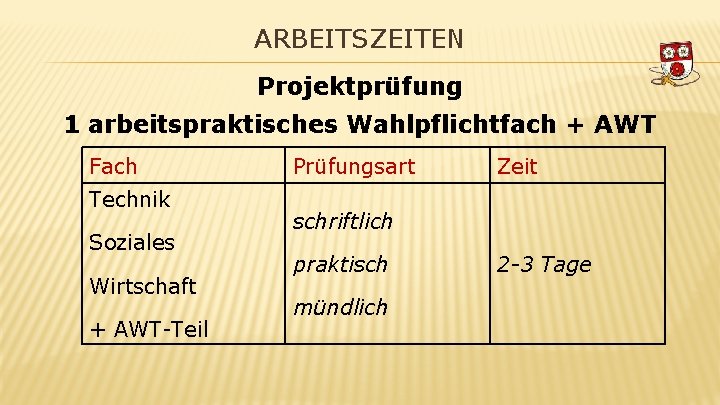 ARBEITSZEITEN Projektprüfung 1 arbeitspraktisches Wahlpflichtfach + AWT Fach Technik Soziales Wirtschaft + AWT-Teil Prüfungsart